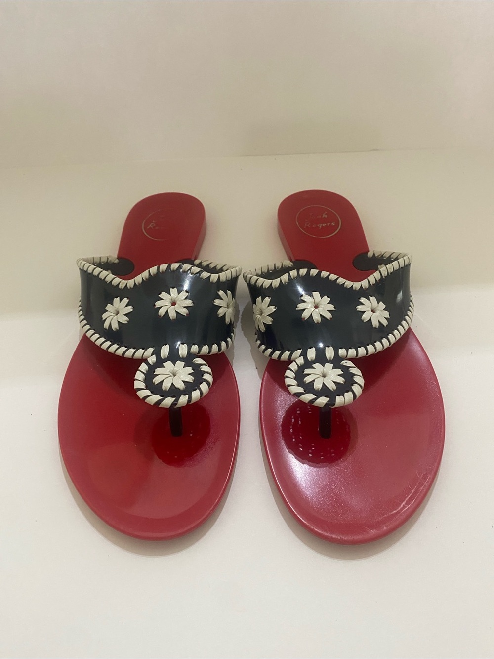 Jack Rogers Red Jelly Thong Embroidered Sandals | 10